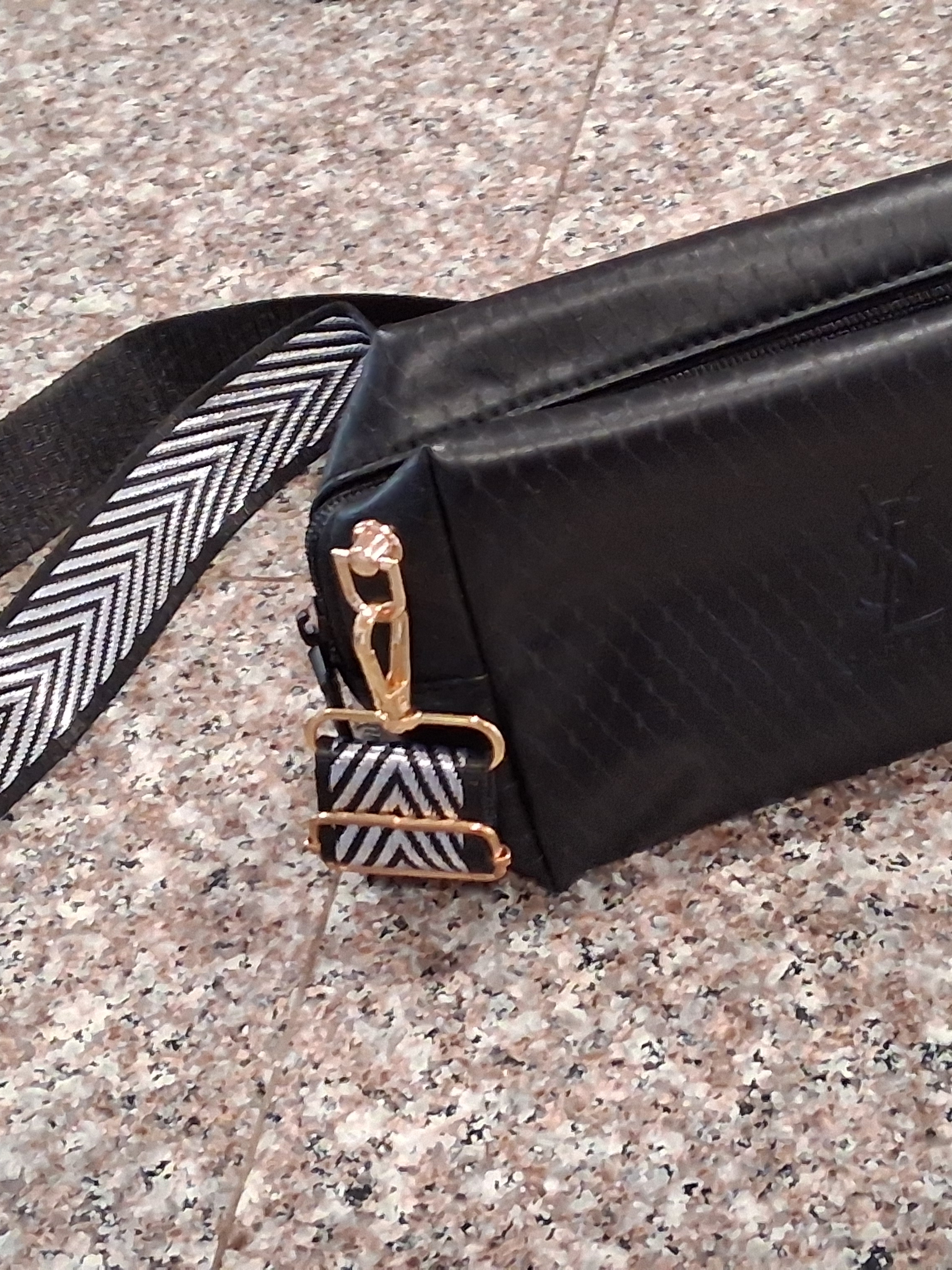 Black Faux Leather Crossbody Bag With Chevron StrapYsl Gwp Brand New